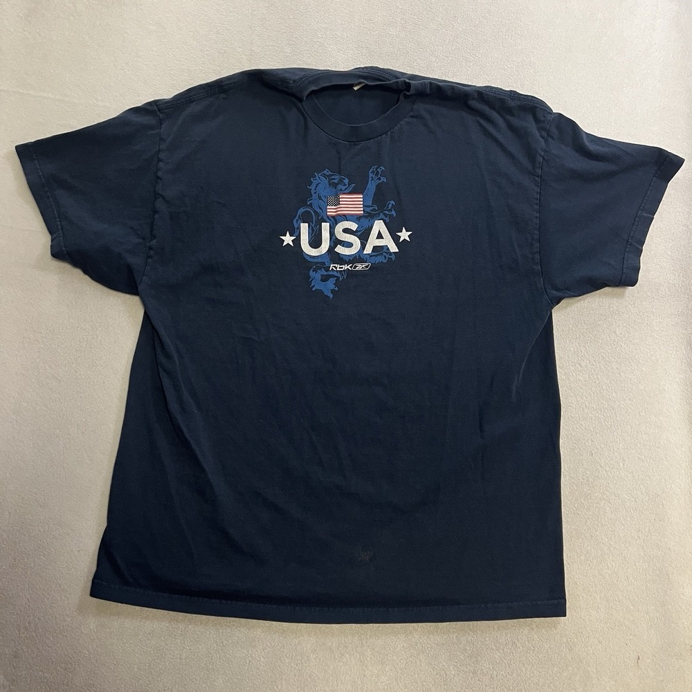 Vintage Reebok T-Shirt Men's Size XL Blue USA Flag Lion Graphic Print Y2K